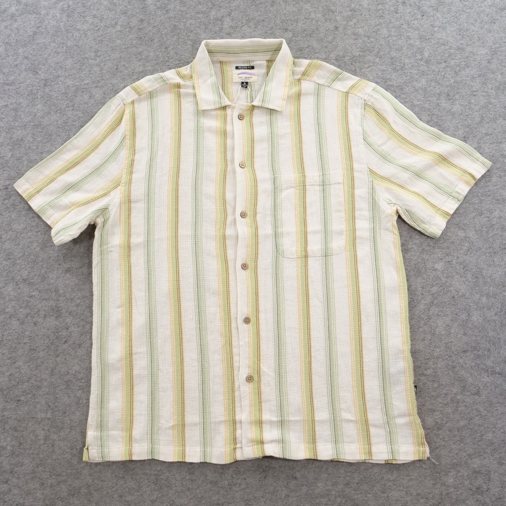 Civil Society Shirt Mens Medium Green Beige Striped Button Up Short Sleeve New